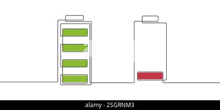 Charging and draining batteries in a continuous line art style. A minimalist concept Stock Vector