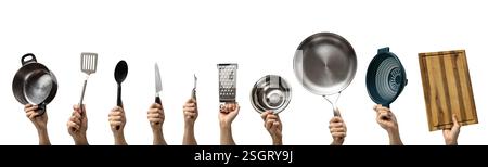 Multiple hands holding various kitchen utensils isolated on white Stock Photo