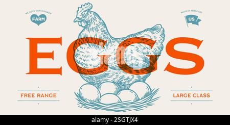 Chicken, hen with nest, eggs Stock Vector