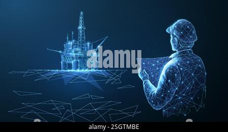 Engineer and oil rig. Abstract 3d floating rig platform on blue Stock Vector