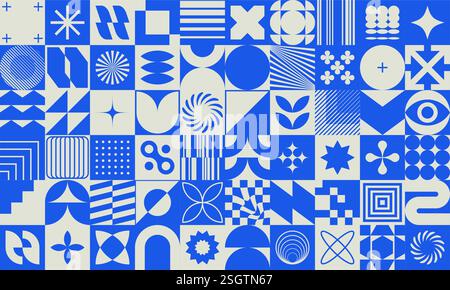 Seamless pattern with abstract geometric shapes, symbols, forms and other simple graphic elements. Minimalist, brutalist or bauhaus style background. Swiss style postmodern wallpaper design with blocks. EPS10 vector graphic. Stock Vector
