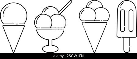Ice cream on stick, in triangle cone and bowl linear icons Logo Sticker minimalist design idea Set 4. Isolated Vector illustration Thematic cards, poster, leaflets, price, labels or web promo banners Stock Vector