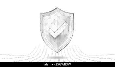 Secure technology. Polygonal wireframe shield with check mark sign isolated on white. Stock Vector