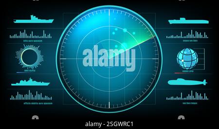 Military ship sonar screen interface Stock Vector