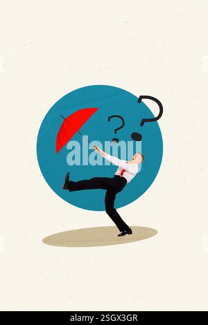 Trend image vertical photo collage of astonished man hold umbrella rain autumn cyclone forecast question mark brainstorm concept Stock Photo