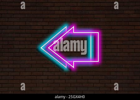 Bright neon arrow-shaped pointer on brick wall Stock Photo