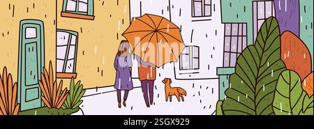 Couple walking in rain sharing umbrella urban scene with dog colorful buildings lush plants hand-drawn style street art Stock Vector