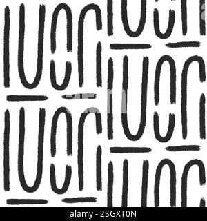Abstract lines seamless pattern. Curved grunge stroke endless background. Wavy black brush ink shapes repeat cover. Tribal continuous ornament. Patter Stock Vector