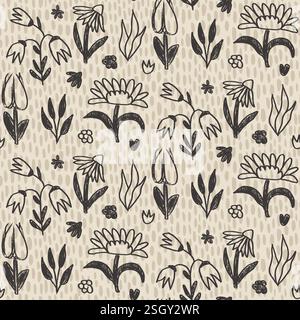 Flowers seamless pattern. Black floral stencil allover background. Marker drawn repeat cover. Surface pattern spring motif on beige bg. Vector hand dr Stock Vector