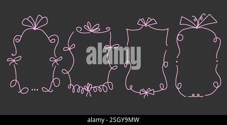 Doodle coquette frames with bows. Vintage line wavy border with ribbons set. Vector cute scribble curly rectangle and oval template foe holiday menu. Stock Vector