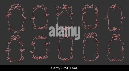 Doodle coquette frames with bows. Vintage line wavy border with ribbons set. Vector cute scribble curly rectangle and oval template foe holiday menu. Stock Vector