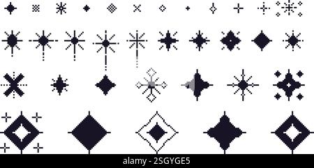 Pixel art stars. 8 bit sparkles. Magic firework icons in retro 90s style. shine glitter Christmas decoration. Twinkle y2k snowflakes. Vintage party el Stock Vector