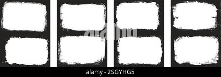 Grunge photo frames set templates. Ink paint border with rough edges for poster and banner. Retro textured overlays. Rectangular old black flyers on t Stock Vector