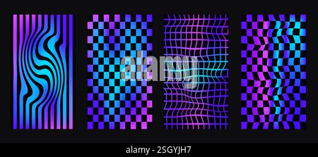 Checkerboard neon background set. Psychedelic checker gradient posters templates. Surreal chessboard with distorted grid and stripes. Y2k textures. Ve Stock Vector