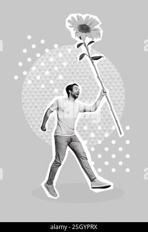Vertical collage picture of overjoyed positive guy jumping arm hold big sunflower isolated on drawing background Stock Photo