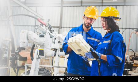Engineers mechanic using computer controller Robotic arm for welding steel in steel factory workshop. Industry robot programming software for automate Stock Photo