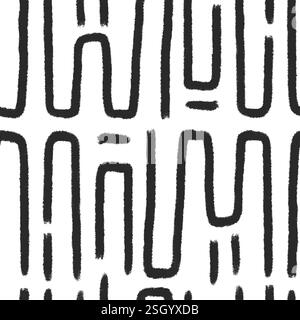 Abstract lines seamless pattern. Freehand geometric grunge stroke endless background. Wavy black brush ink shapes repeat cover. Tribal maze continuous Stock Vector