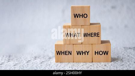 Who, What, Where, When, Why and How text on wooden cubes with customizable space for text Stock Photo