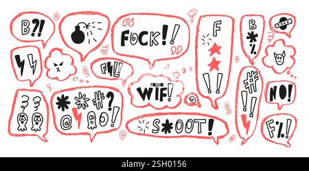 Speech bubbles with swear words. Curse crayon doodle text. Bad bulling expression on chat dialog boxes. Aggressive swearwords isolated on white backgr Stock Vector
