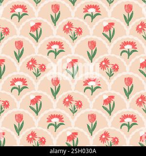 Flowers crayon drawn seamless pattern. Floral allover background. Stylized botany scallop repeat backdrop.Vector hand drawn illustration. Stock Vector