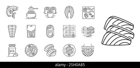 Salmon fish and meat line icons. Vector set of outline signs representing salmon products, include whole fish, fillets, steak, sushi and rolls, canned Stock Vector