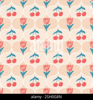 Flowers crayon drawn seamless pattern. Floral coquette allover background. Damask botanic with cherry repeat backdrop. Surface pattern design spring o Stock Vector