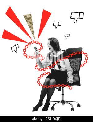 Creative artwork. Woman sits in chair, chained to phone, screaming at screen, surrounded by negative reactions, trapped in endless cycle of scrolling Stock Photo
