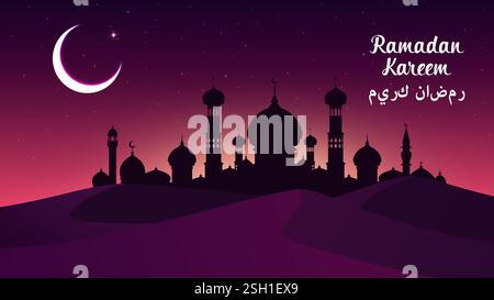 Ramadan Kareem greeting, Muslim mosque on sands and midnight sky with crescent moon, vector banner. Ramadan Kareem Islam religious holiday greeting in Stock Vector