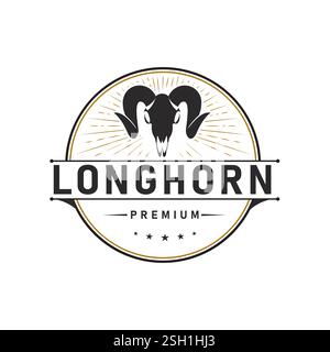 Vintage Logo Design Texas Long Horn Countryside Bull Illustration Template Stock Vector