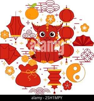 CNY red Dragon 2036 circle round composition vector typographic illustration of chinese new year traditional elements. vector graphic line illustratio Stock Vector
