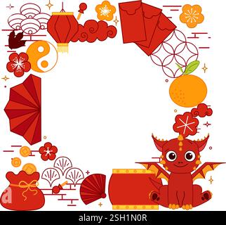 chinese new year traditional elements with red dragon 2036 circle round frame in graphic line vector style. template for your text. lunar lantern fest Stock Vector