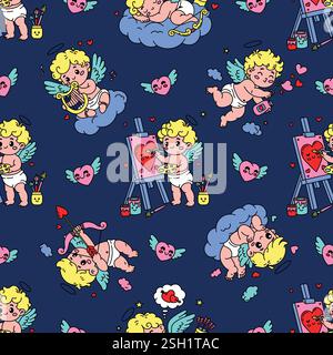 Seamless Valentine's Day pattern with adorable cupids playing harp, painting, shooting arrows, and blowing heart bubbles Stock Vector