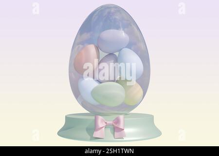 Easter egg display with pastel colored eggs inside a decorative glass egg. 3d rendering Stock Photo