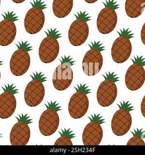 Seamless pattern of brown pineapples with green tops on a white background, cartoon flat design. Stock Vector