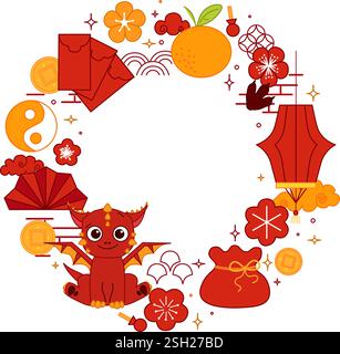 Chinese New year of red Dragon 2036 vector graphic line round circle frame. style banner frame scroll board decoration. Chinese lunar new year, lanter Stock Vector