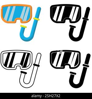 Set of diving snorkel and goggles in black and white, knockout and colour cartoon versions, swimming accessory diving mask icons isolated on white Stock Vector