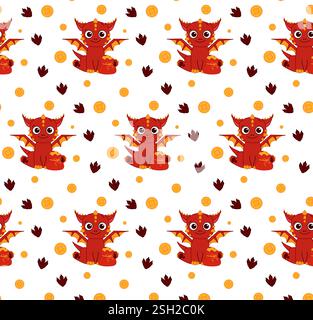 Cute red Dragons with footsteps and gold coins vector seamless pattern. Graphic line style frame and design elements on transparent background Chinese Stock Vector