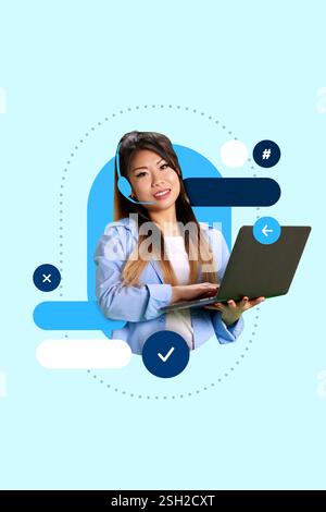 Contemporary art collage. Woman using laptop, smiling, wearing blue headset, surrounded by digital symbols, representing interactive customer support. Stock Photo