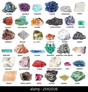 specimens of various raw rocks with names cut out on white background (spinel, ruby, corundum, emerald, titanite, sphene, sapphire, indicolite, realga Stock Photo