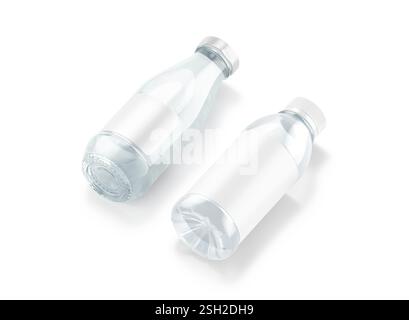 Blank transparent 16 oz plastic and glass water bottle mockup, isolated, 3d rendering. Empty disposable aqua bottles white label mock up lying, side v Stock Photo