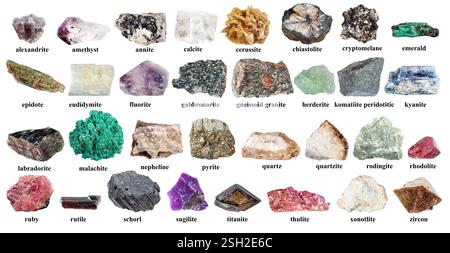 specimens of various rough minerals with names cut out on white background (epidote, xonotlite, titanite, sphene, zircon, sugilite, herderite, emerald Stock Photo