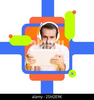 Creative art design. Man in headset, focused on tablet, surrounded by digital chat icons, symbolizing remote customer assistance and technical support Stock Photo