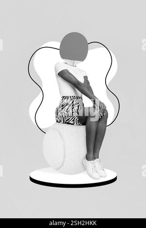 Vertical collage picture of sportive person ping pong racquet instead head sitting big tennis ball isolated on drawing background Stock Photo