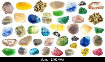 various specimens of uncut agate rocks cutout on white background Stock Photo