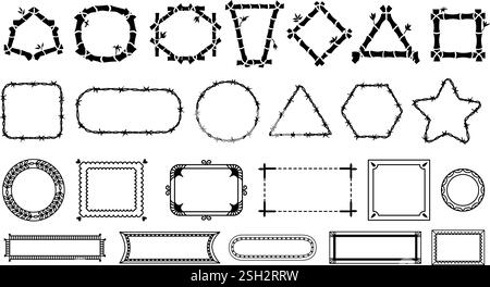Different black frames. Frame from bamboo, barbwire, curly ornaments and lines. Isolated kit barbed wires banners, decorative design elements vector Stock Vector