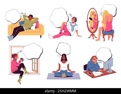Set dreaming people. Men and women think, empty speech bubble, characters with thought cloud, person imagination, adult daydreaming, inspiration Stock Vector