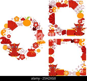 Chinese New year of Red dragon 2036 vector graphic line round circle frame set. style banner frame scroll board decoration on transparent background C Stock Vector