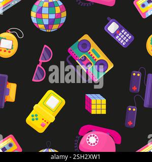 Retro 90s 80s items seamless pattern. Game tools phone disco ball audio record system. Hipster style neon elements, decorative fabric vector print Stock Vector