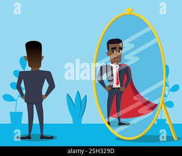 Businessman looking in the mirror with a superhero with a cape reflection, self esteem, ambition or confidence concept, executive having aspiration Stock Vector