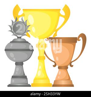 Set of vector trophy champion cups in gold, silver and bronze. Championship prizes for first, second and third place. Victory symbols isolated on whit Stock Vector